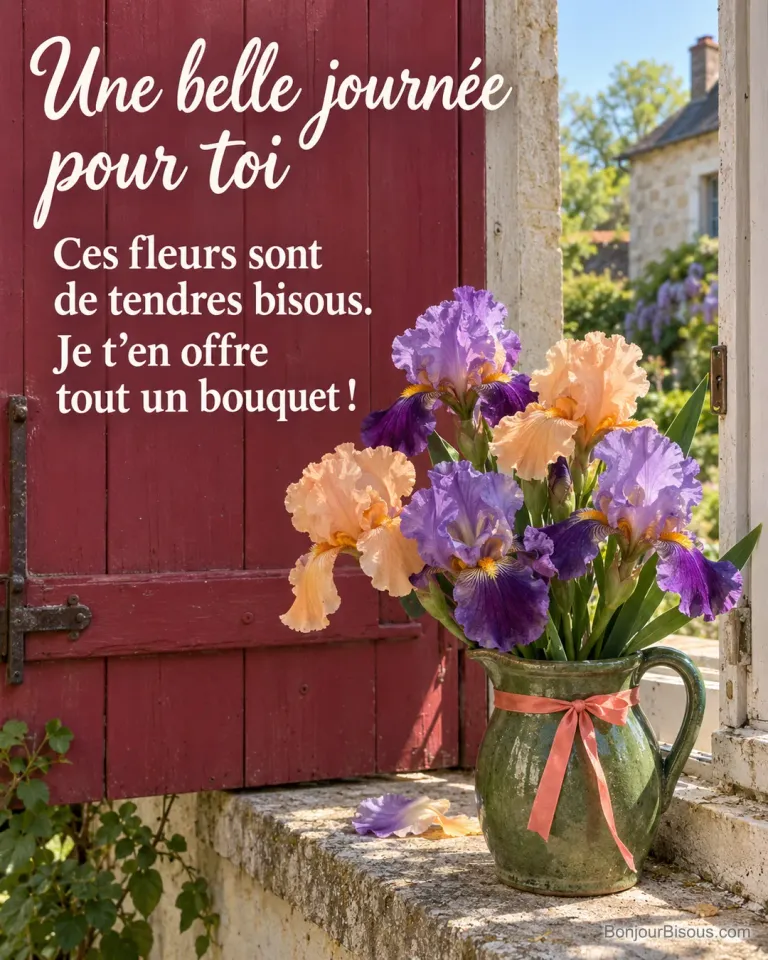 Un bouquet d’iris abricot et violets est posé près d’une fenêtre ouverte comme une attention pleine de tendresse. Le message est : « Une belle journée pour toi Ces fleurs sont de tendres bisous. Je t’en offre tout un bouquet ! ».