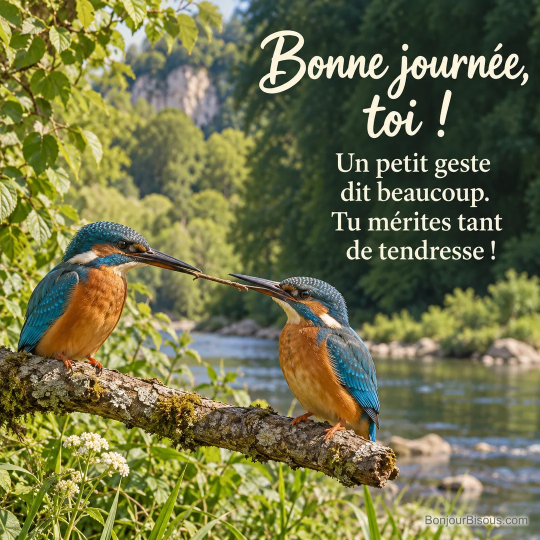 Deux martins-pêcheurs sur une branche au-dessus d’une rivière se rapprochent autour d’une petite brindille. Le message est : « Bonne journée, toi ! Un petit geste dit beaucoup. Tu mérites tant de tendresse ! ». Deux martins-pêcheurs sur une branche au-dessus d’une rivière se rapprochent autour d’une petite brindille. Le message est : « Bonne journée, toi ! Un petit geste dit beaucoup. Tu mérites tant de tendresse ! ».
