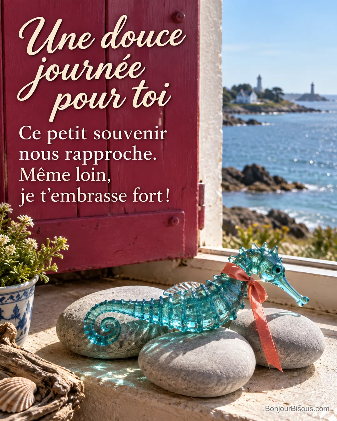 Un hippocampe en verre turquoise repose sur des galets marins comme un tendre souvenir de bord de mer. Le message est : « Une douce journée pour toi Ce petit souvenir nous rapproche. Même loin, je t’embrasse fort ! ». Un hippocampe en verre turquoise repose sur des galets marins comme un tendre souvenir de bord de mer. Le message est : « Une douce journée pour toi Ce petit souvenir nous rapproche. Même loin, je t’embrasse fort ! ».