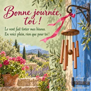 Un carillon en cuivre à six tubes s’anime doucement au soleil devant un volet bleu. Le message est : « Bonne journée, toi ! Le vent fait tinter mes bisous. En voici plein, rien que pour toi ! ».