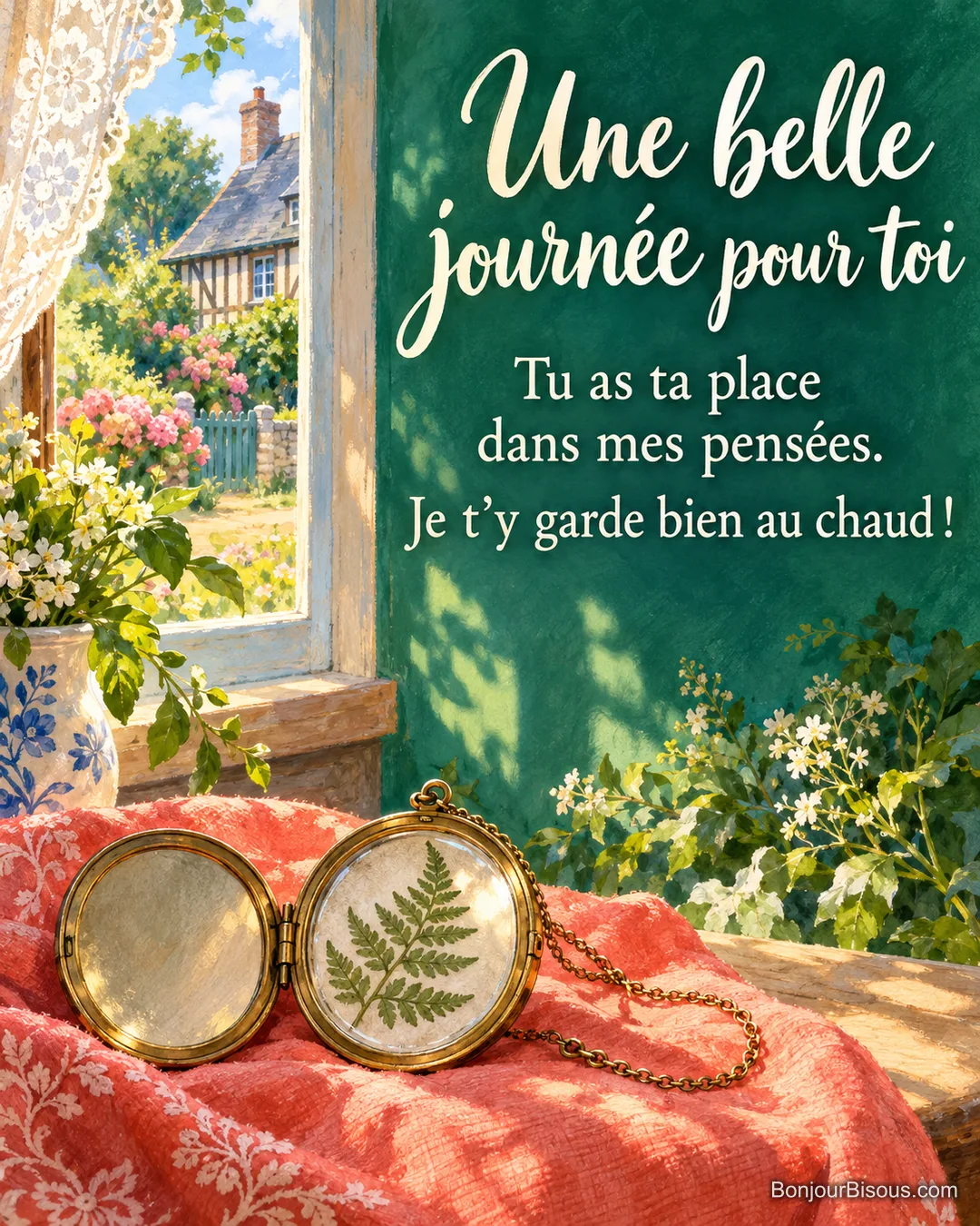 Un médaillon rond en laiton ouvert protège une petite fougère pressée sur un tissu corail lumineux. Le message est : « Une belle journée pour toi Tu as ta place dans mes pensées. Je t’y garde bien au chaud ! ».