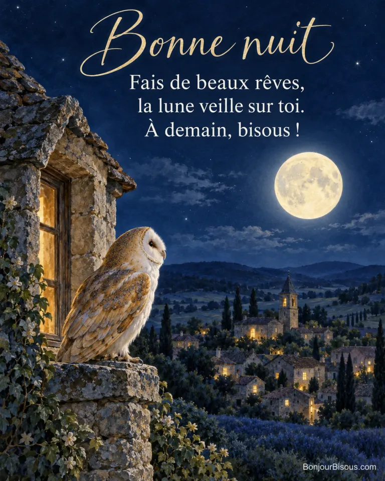 Peinture d’une chouette effraie sur le rebord en pierre d’une grange, tournée vers la pleine lune au-dessus d’un village éclairé, avec le texte « Bonne nuit – Fais de beaux rêves, la lune veille sur toi. À demain, bisous ! »