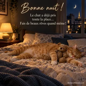 Photo d’un chat tigré roux endormi de tout son long au milieu d’un lit avec un ours en peluche, lampe de chevet allumée et toits de Paris la nuit par la fenêtre, avec le texte « Bonne nuit ! Le chat a déjà pris toute la place… Fais de beaux rêves quand même ! »