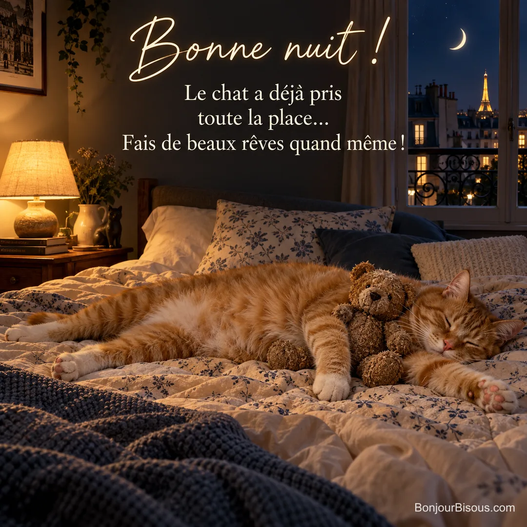 Photo d’un chat tigré roux endormi de tout son long au milieu d’un lit avec un ours en peluche, lampe de chevet allumée et toits de Paris la nuit par la fenêtre, avec le texte « Bonne nuit ! Le chat a déjà pris toute la place… Fais de beaux rêves quand même ! » Photo d’un chat tigré roux endormi de tout son long au milieu d’un lit avec un ours en peluche, lampe de chevet allumée et toits de Paris la nuit par la fenêtre, avec le texte « Bonne nuit ! Le chat a déjà pris toute la place… Fais de beaux rêves quand même ! »