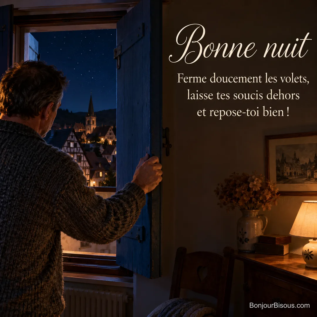 Un homme ferme les volets d’une maison alsacienne sous un ciel étoilé, avec le texte « Bonne nuit Ferme doucement les volets, laisse tes soucis dehors et repose-toi bien ! ». Un homme ferme les volets d’une maison alsacienne sous un ciel étoilé, avec le texte « Bonne nuit Ferme doucement les volets, laisse tes soucis dehors et repose-toi bien ! ».