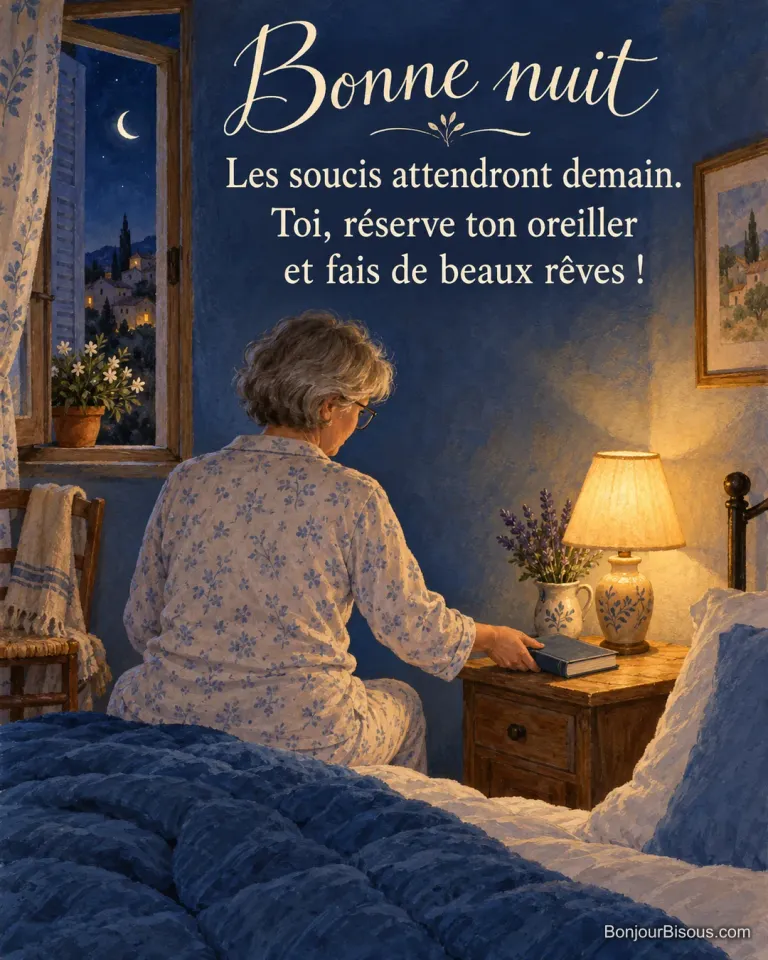 Une femme pose son livre sur sa table de chevet dans une chambre provençale éclairée par une petite lampe, avec le texte « Bonne nuit Les soucis attendront demain. Toi, réserve ton oreiller et fais de beaux rêves ! ».