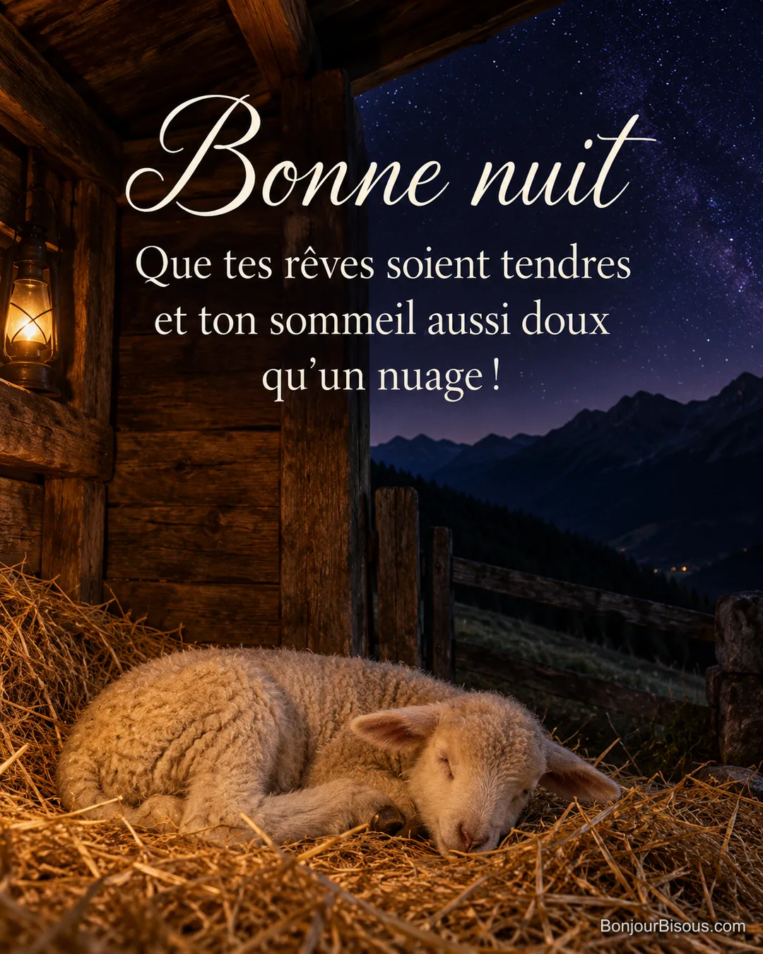 Un agneau dort dans la paille d’une bergerie alpine ouverte sur la nuit étoilée, avec le texte « Bonne nuit Que tes rêves soient tendres et ton sommeil aussi doux qu’un nuage ! ». Un agneau dort dans la paille d’une bergerie alpine ouverte sur la nuit étoilée, avec le texte « Bonne nuit Que tes rêves soient tendres et ton sommeil aussi doux qu’un nuage ! ».