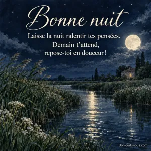 La lune se reflète sur un canal de Camargue bordé de roseaux et de fleurs blanches, avec le texte « Bonne nuit Laisse la nuit ralentir tes pensées. Demain t’attend, repose-toi en douceur ! ».