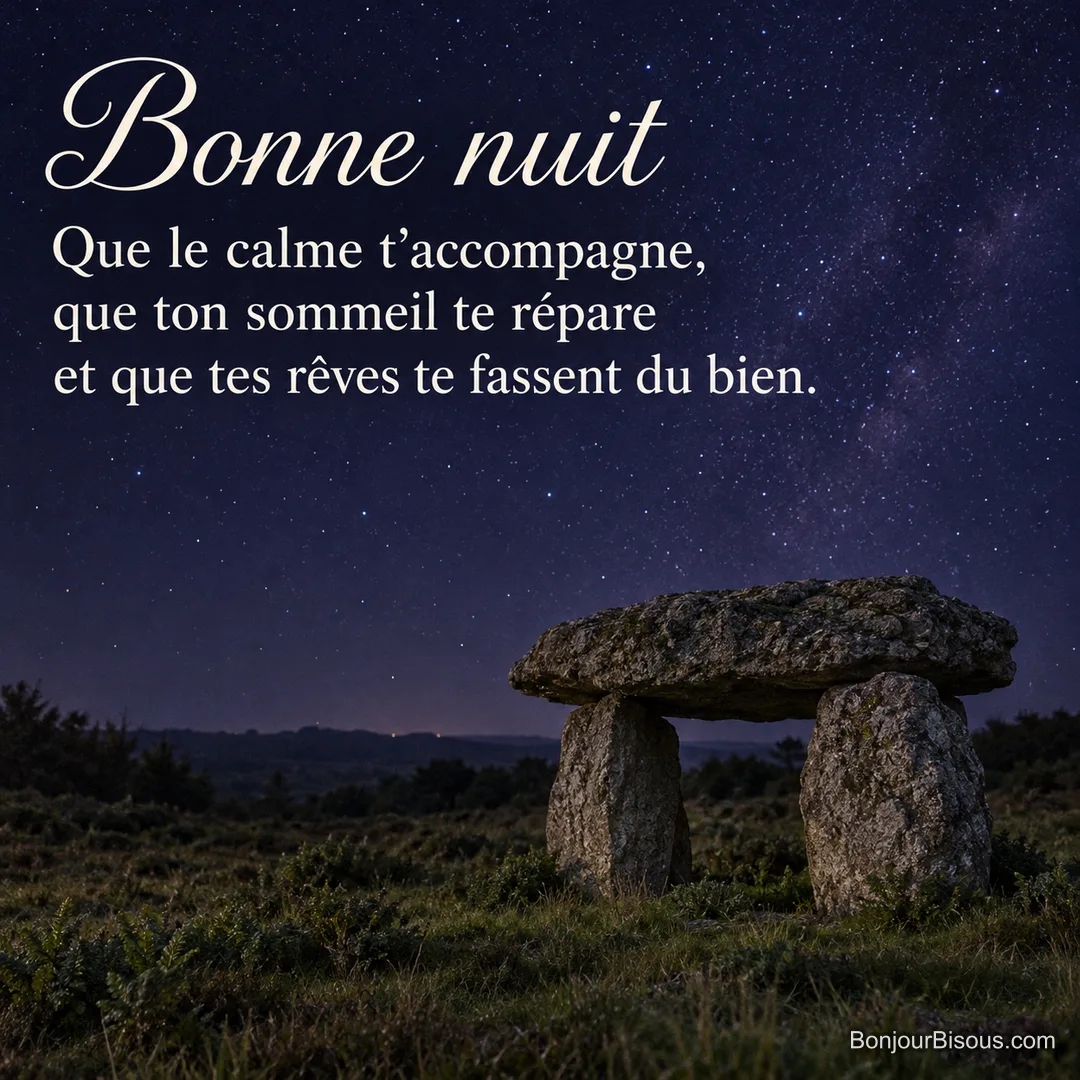 Un petit dolmen de granit se dresse dans une lande du Morbihan sous le ciel nocturne étoilé, avec le message « Bonne nuit Que le calme t’accompagne, que ton sommeil te répare et que tes rêves te fassent du bien. ». Un petit dolmen de granit se dresse dans une lande du Morbihan sous le ciel nocturne étoilé, avec le message « Bonne nuit Que le calme t’accompagne, que ton sommeil te répare et que tes rêves te fassent du bien. ».