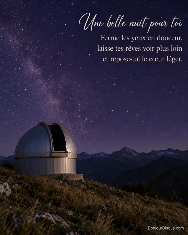Le dôme ouvert d’un petit observatoire ariégeois se détache sous un ciel nocturne étoilé, avec le message « Une belle nuit pour toi Ferme les yeux en douceur, laisse tes rêves voir plus loin et repose-toi le cœur léger. ».