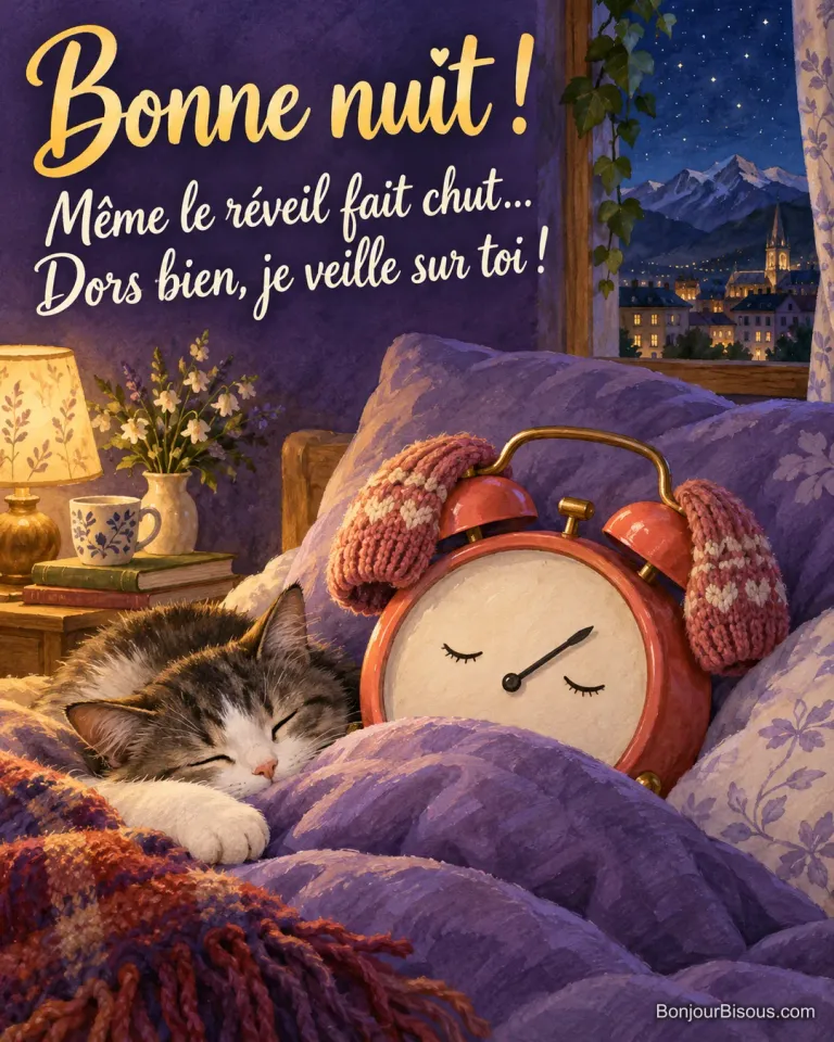 Un réveil corail cache ses cloches sous des gants pour dormir tranquillement, avec le texte « Bonne nuit ! Même le réveil fait chut… Dors bien, je veille sur toi ! ».