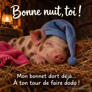Un porcelet tacheté s’endort sous un bonnet bleu dont la pointe tombe devant son groin, avec le texte « Bonne nuit, toi ! Mon bonnet dort déjà… À ton tour de faire dodo ! ».