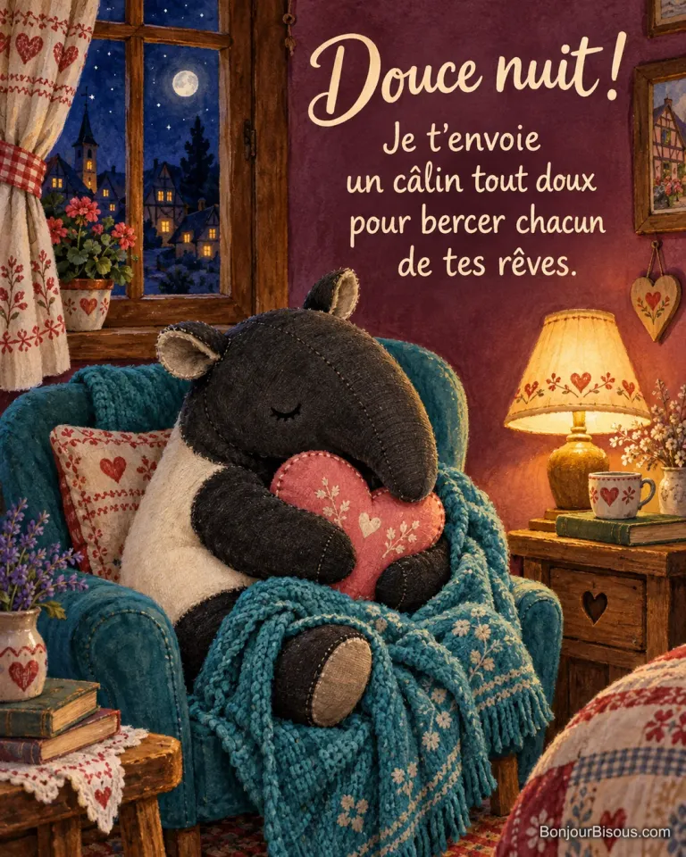 Un tapir en peluche serre un coussin rose en cœur sous sa couverture turquoise, avec le texte « Douce nuit ! Je t’envoie un câlin tout doux pour bercer chacun de tes rêves. ».