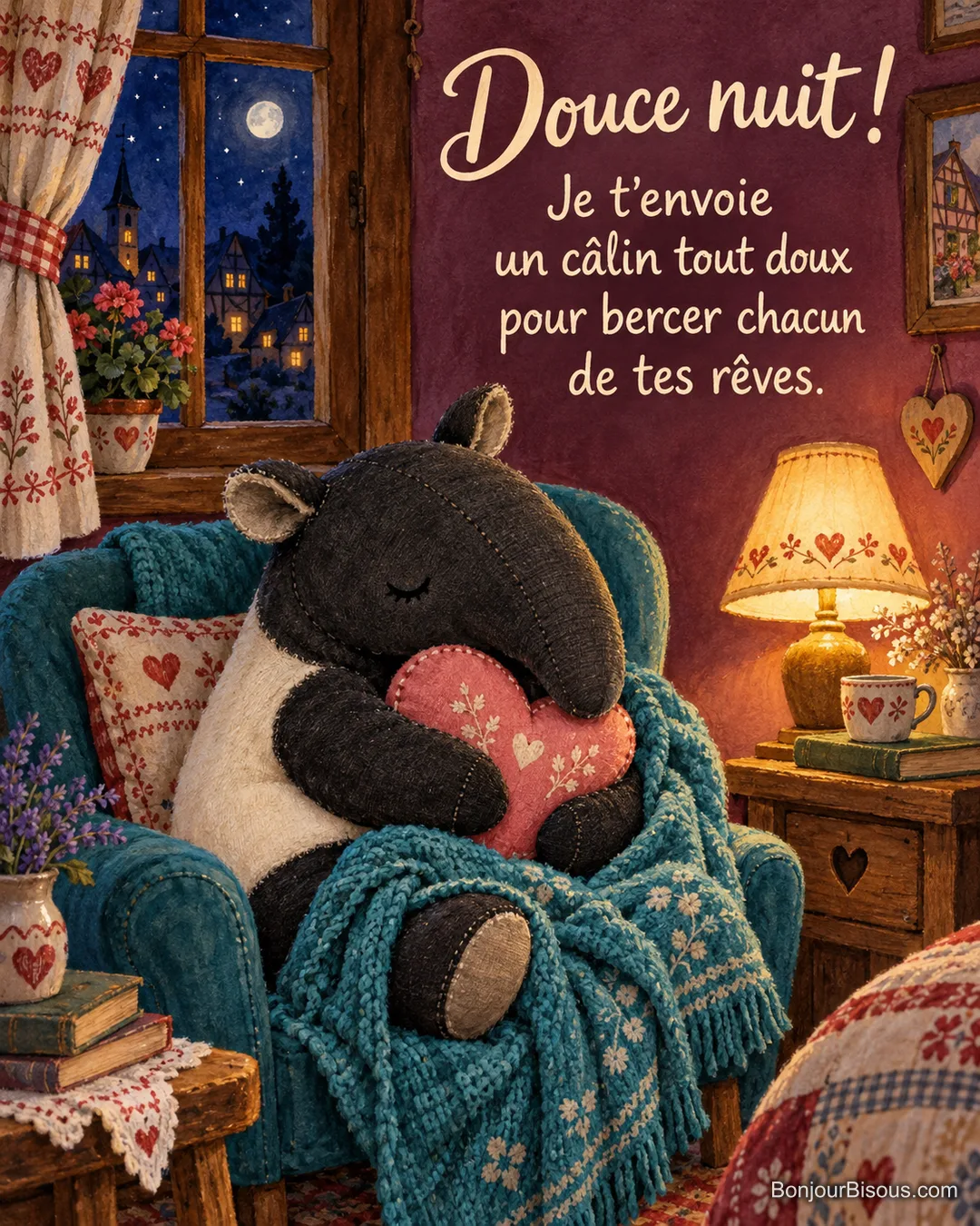 Un tapir en peluche serre un coussin rose en cœur sous sa couverture turquoise, avec le texte « Douce nuit ! Je t’envoie un câlin tout doux pour bercer chacun de tes rêves. ». Un tapir en peluche serre un coussin rose en cœur sous sa couverture turquoise, avec le texte « Douce nuit ! Je t’envoie un câlin tout doux pour bercer chacun de tes rêves. ».