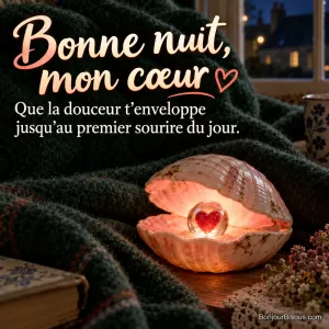 Une veilleuse en coquille de porcelaine protège un petit cœur de verre rouge, avec le texte « Bonne nuit, mon cœur Que la douceur t’enveloppe jusqu’au premier sourire du jour. ».