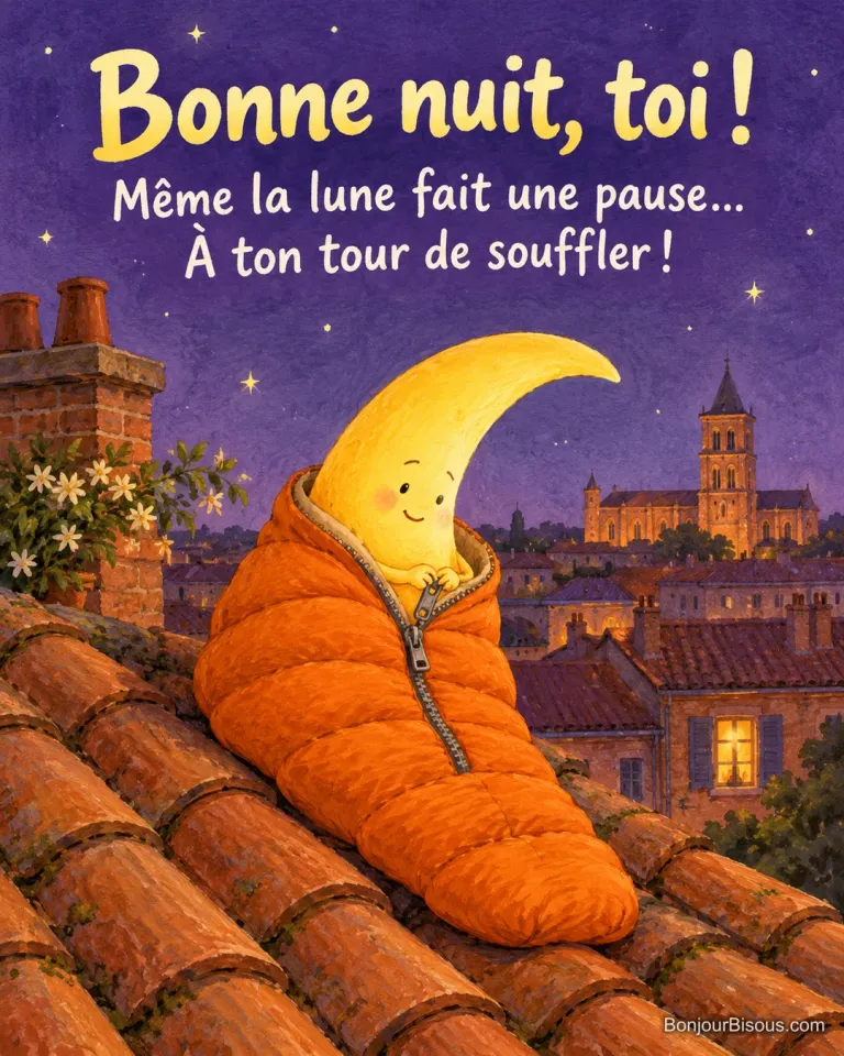 Un croissant de lune essaie de se glisser dans un sac de couchage trop étroit sur les toits de Toulouse, avec le texte « Bonne nuit, toi ! Même la lune fait une pause… À ton tour de souffler ! ».