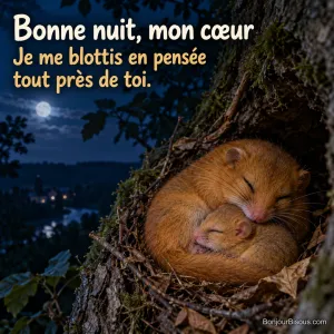 Deux muscardins dorés dorment blottis dans leur nid de feuilles au creux d’un noisetier, avec le texte « Bonne nuit, mon cœur Je me blottis en pensée tout près de toi. ».