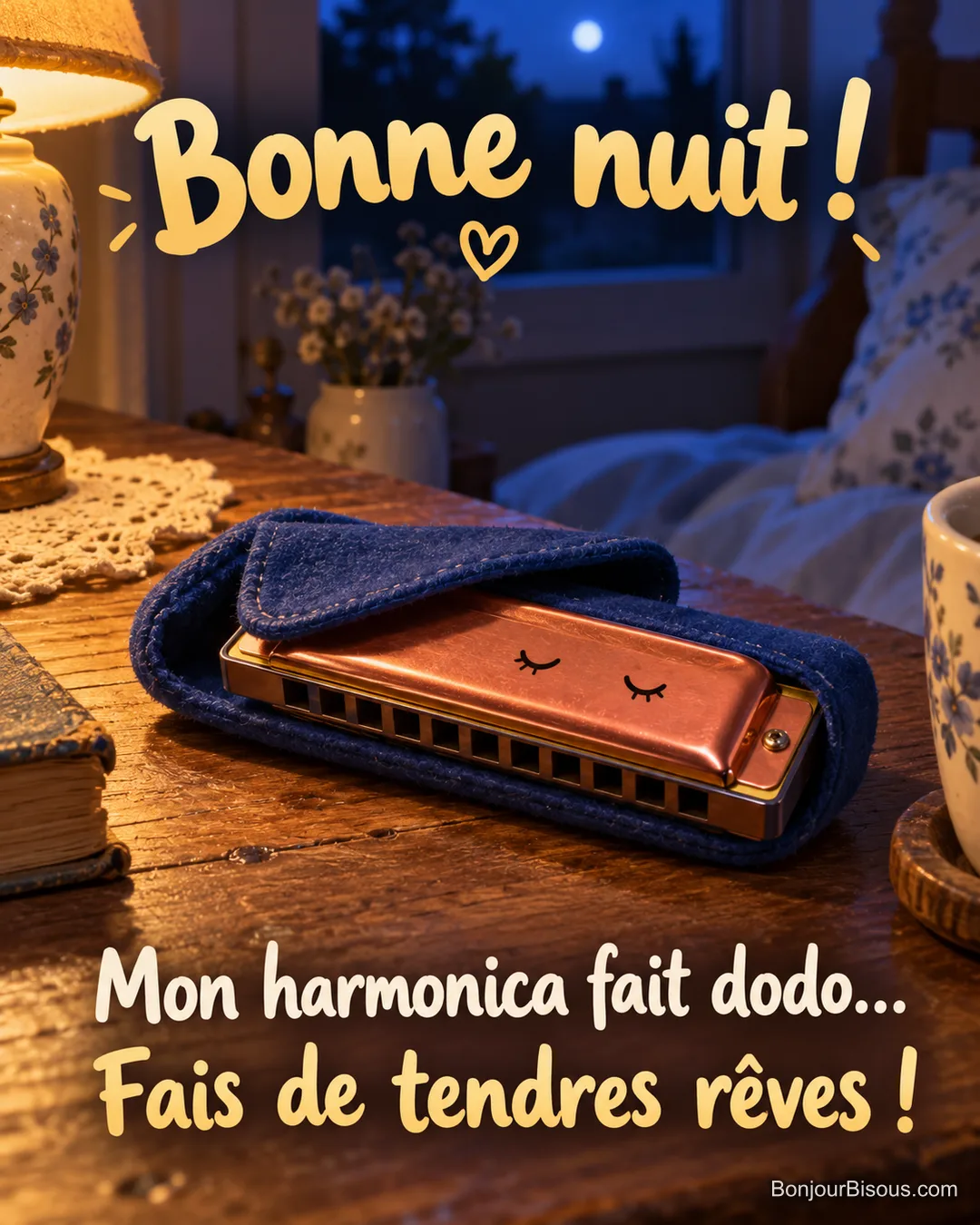 Un harmonica endormi dépasse de son étui bleu sur une table de chevet éclairée la nuit, avec le texte « Bonne nuit ! Mon harmonica fait dodo… Fais de tendres rêves ! ». Un harmonica endormi dépasse de son étui bleu sur une table de chevet éclairée la nuit, avec le texte « Bonne nuit ! Mon harmonica fait dodo… Fais de tendres rêves ! ».