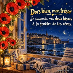 Une guirlande de pavots en papier rouge protège un petit cœur doré devant une fenêtre nocturne, avec le texte « Dors bien, mon trésor Je suspends mes doux bisous à la fenêtre de tes rêves. ».
