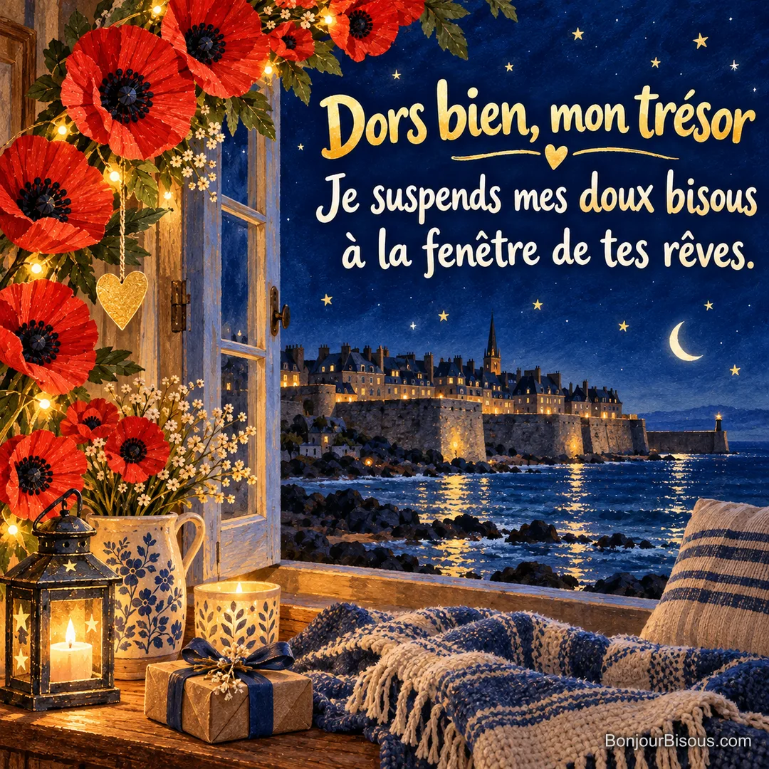 Une guirlande de pavots en papier rouge protège un petit cœur doré devant une fenêtre nocturne, avec le texte « Dors bien, mon trésor Je suspends mes doux bisous à la fenêtre de tes rêves. ». Une guirlande de pavots en papier rouge protège un petit cœur doré devant une fenêtre nocturne, avec le texte « Dors bien, mon trésor Je suspends mes doux bisous à la fenêtre de tes rêves. ».