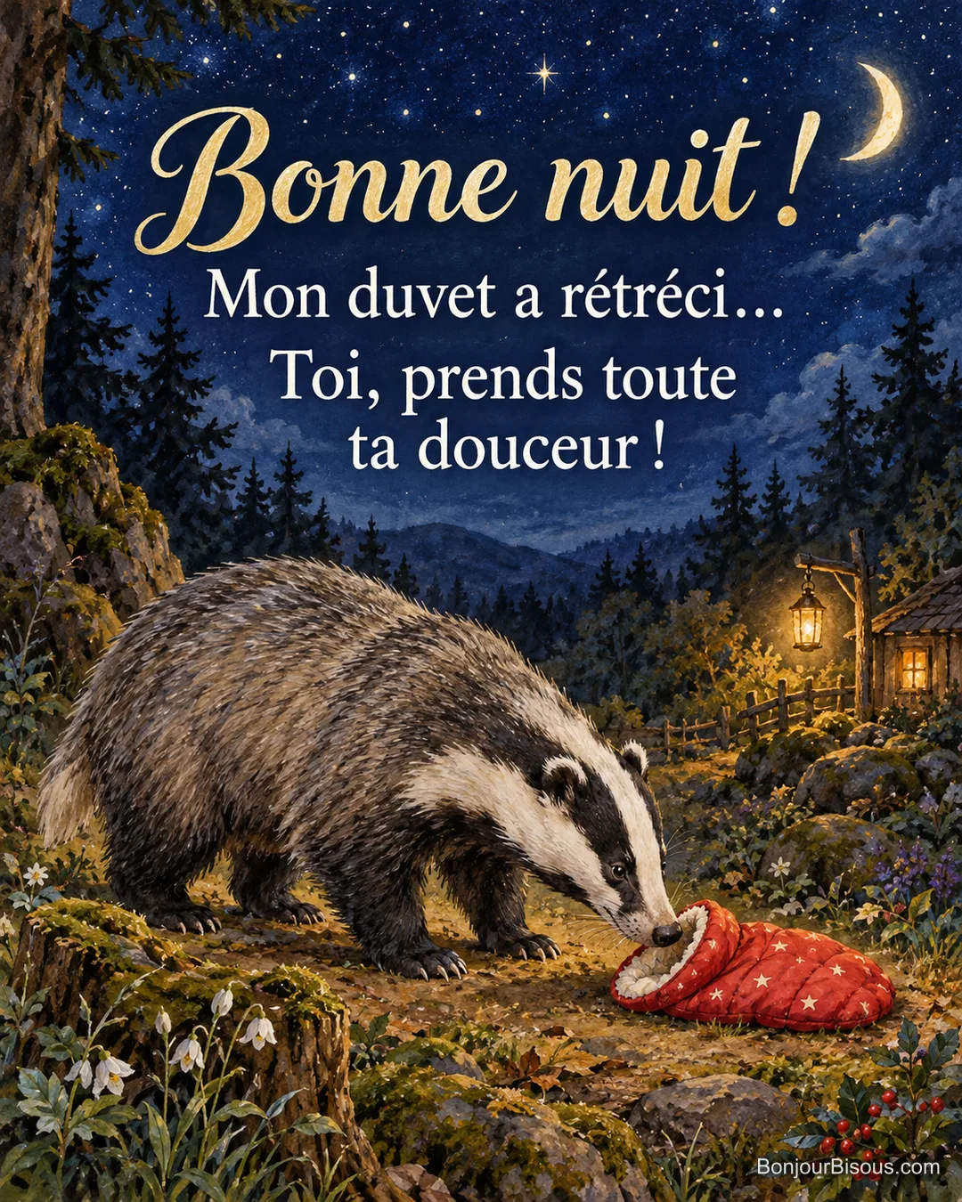 Un blaireau trop grand pour son petit duvet rouge essaie de s’y installer dans une clairière nocturne. Le message indique : « Bonne nuit ! Mon duvet a rétréci… Toi, prends toute ta douceur ! ».