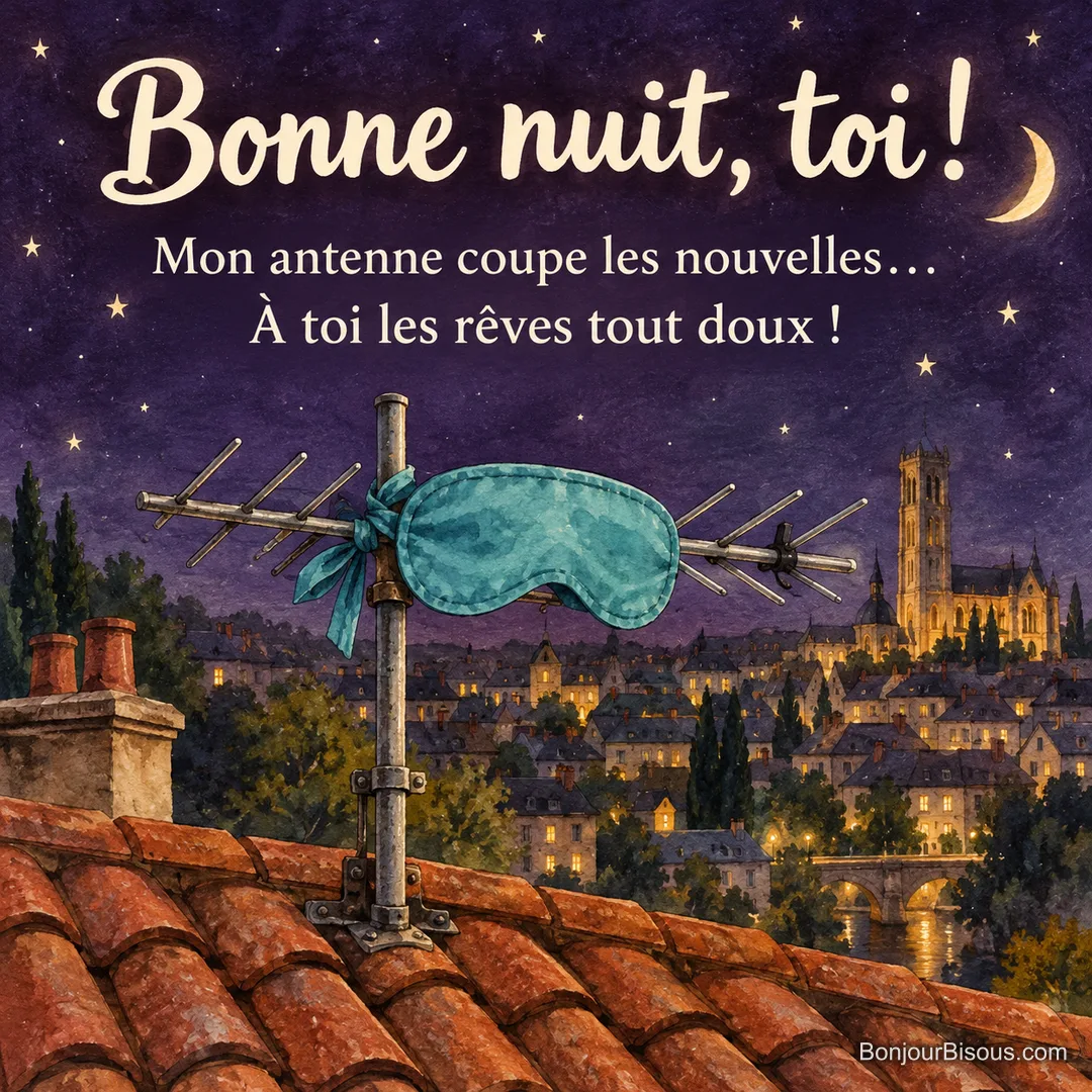 Une antenne de télévision porte un masque de sommeil au-dessus de toits éclairés dans la nuit. Le message indique : « Bonne nuit, toi ! Mon antenne coupe les nouvelles… À toi les rêves tout doux ! ».