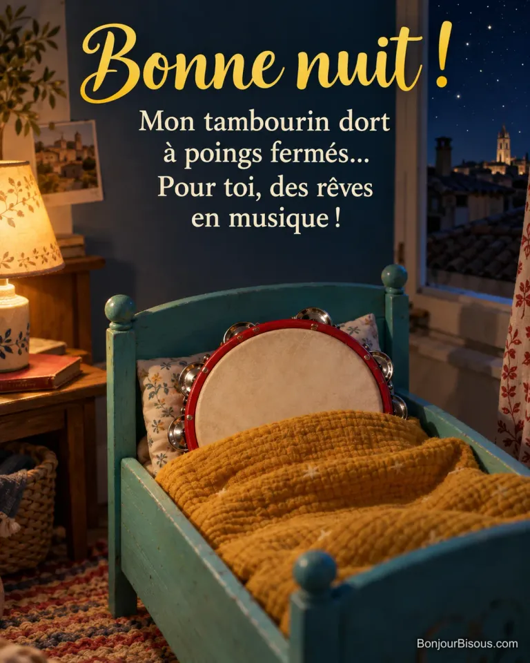 Un tambourin rouge est bordé dans un petit lit de poupée devant une fenêtre nocturne. Le message indique : « Bonne nuit ! Mon tambourin dort à poings fermés… Pour toi, des rêves en musique ! ».