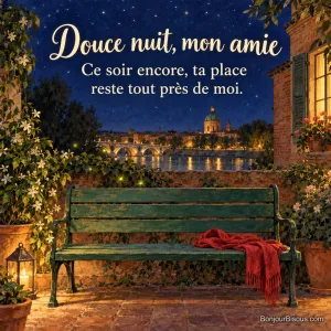 Un foulard rouge garde une place sur un banc de jardin autour duquel brillent quelques lucioles nocturnes. Le message indique : « Douce nuit, mon amie Ce soir encore, ta place reste tout près de moi. ».