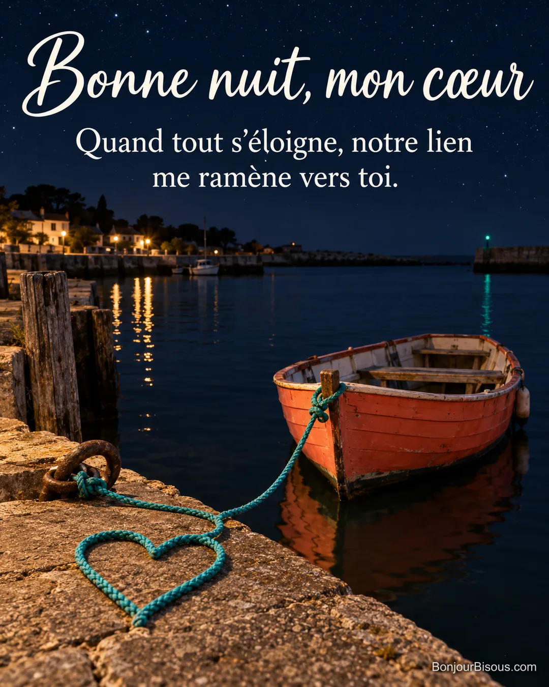 Une barque corail reste amarrée par un cordage en cœur sur un petit quai éclairé dans la nuit. Le message indique : « Bonne nuit, mon cœur Quand tout s’éloigne, notre lien me ramène vers toi. ».