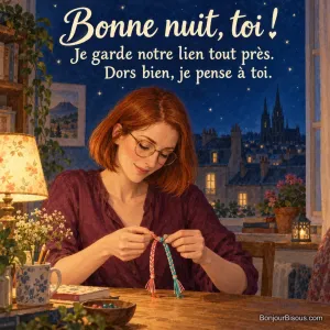 Une jeune femme noue deux bracelets d’amitié corail et turquoise à sa table éclairée pendant la nuit. Le message indique : « Bonne nuit, toi ! Je garde notre lien tout près. Dors bien, je pense à toi. ».