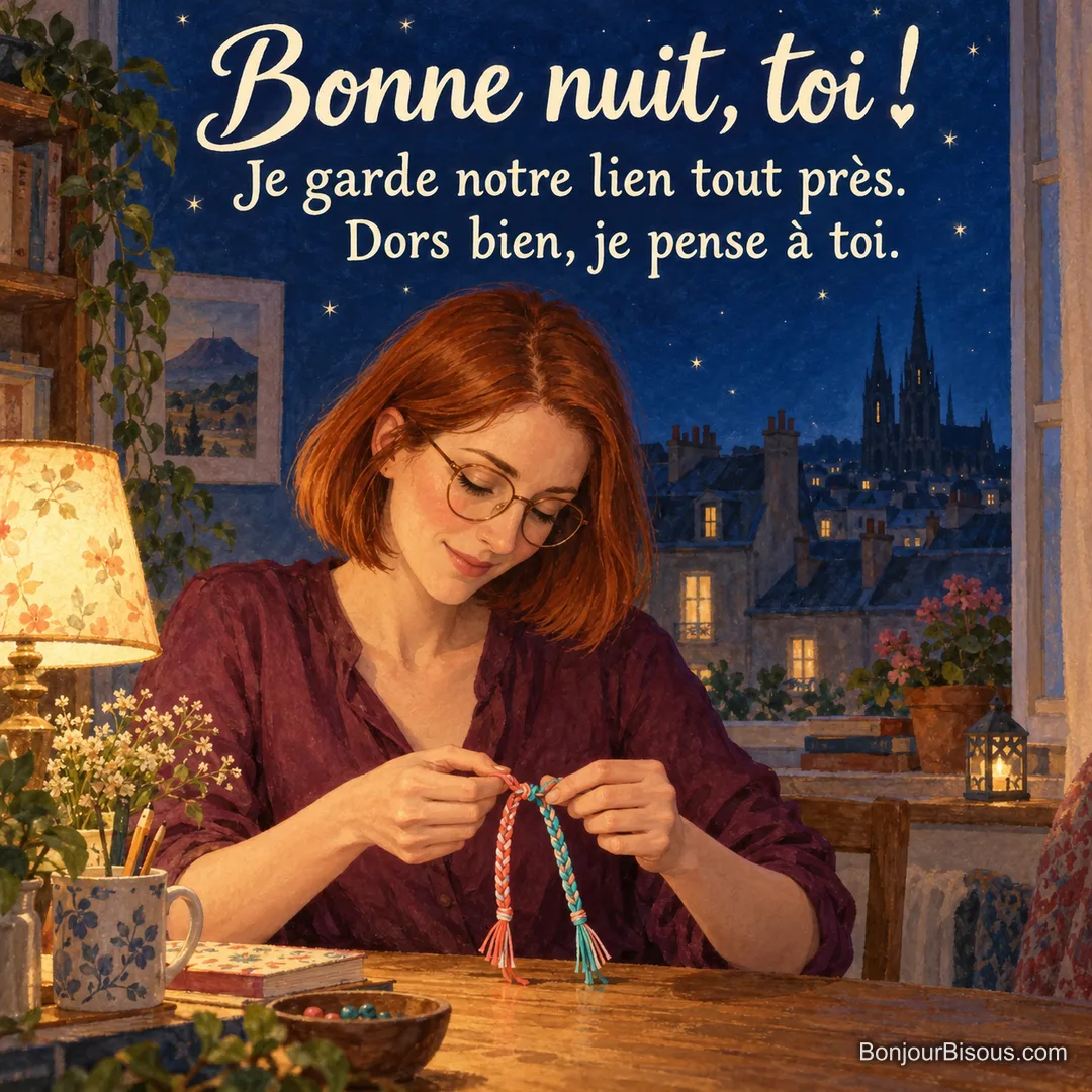 Une jeune femme noue deux bracelets d’amitié corail et turquoise à sa table éclairée pendant la nuit. Le message indique : « Bonne nuit, toi ! Je garde notre lien tout près. Dors bien, je pense à toi. ». Une jeune femme noue deux bracelets d’amitié corail et turquoise à sa table éclairée pendant la nuit. Le message indique : « Bonne nuit, toi ! Je garde notre lien tout près. Dors bien, je pense à toi. ».