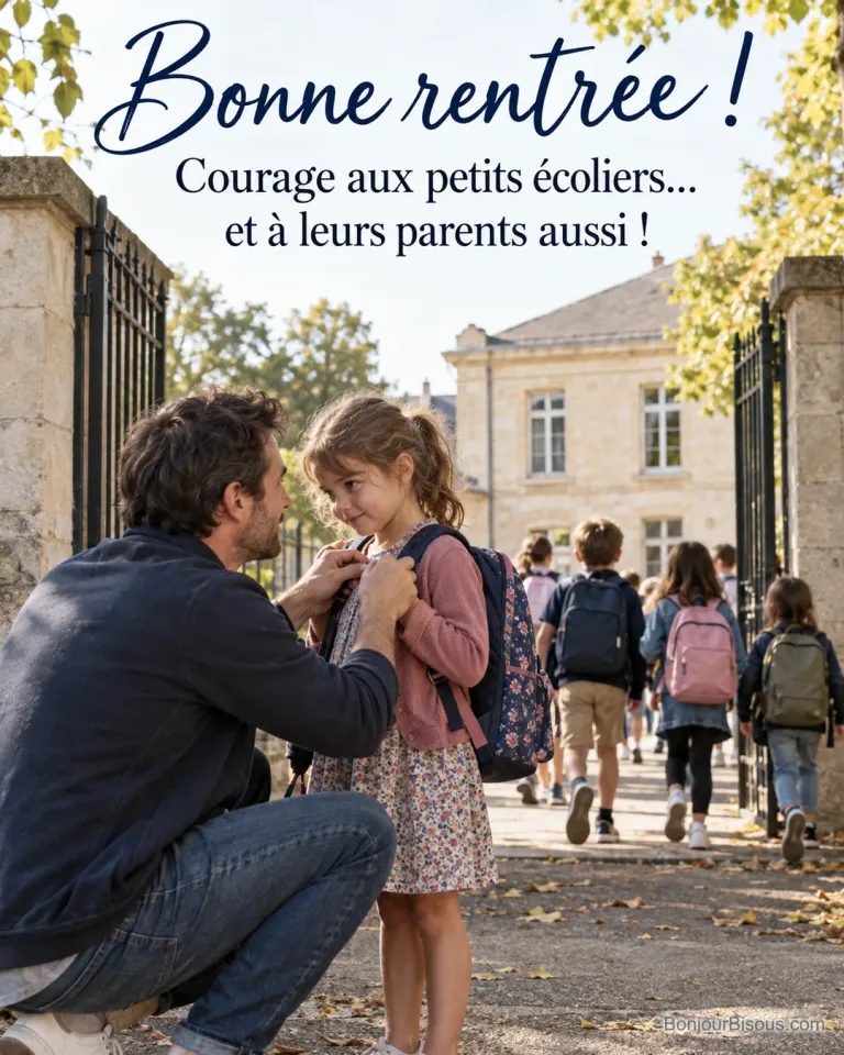 Photo d’un père accroupi qui ajuste les bretelles du cartable de sa fille devant le portail d’une école de village en pierre, d’autres enfants entrent dans la cour, avec le texte « Bonne rentrée ! Courage aux petits écoliers… et à leurs parents aussi ! »