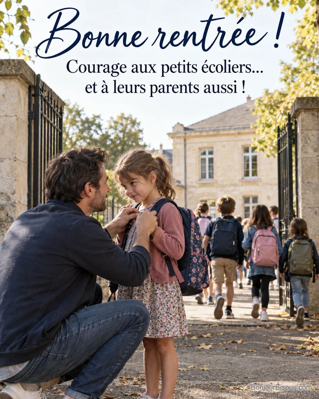 Photo d’un père accroupi qui ajuste les bretelles du cartable de sa fille devant le portail d’une école de village en pierre, d’autres enfants entrent dans la cour, avec le texte « Bonne rentrée ! Courage aux petits écoliers… et à leurs parents aussi ! » Photo d’un père accroupi qui ajuste les bretelles du cartable de sa fille devant le portail d’une école de village en pierre, d’autres enfants entrent dans la cour, avec le texte « Bonne rentrée ! Courage aux petits écoliers… et à leurs parents aussi ! »