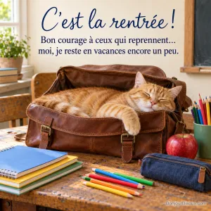 Photo d’un chat tigré roux endormi dans un cartable en cuir ouvert sur un bureau d’écolier, avec crayons de couleur, cahiers et une pomme rouge, avec le texte « C’est la rentrée ! Bon courage à ceux qui reprennent… moi, je reste en vacances encore un peu. »