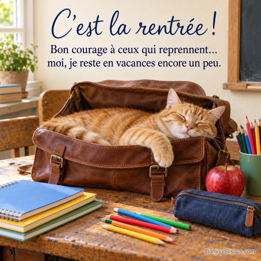 Photo d’un chat tigré roux endormi dans un cartable en cuir ouvert sur un bureau d’écolier, avec crayons de couleur, cahiers et une pomme rouge, avec le texte « C’est la rentrée ! Bon courage à ceux qui reprennent… moi, je reste en vacances encore un peu. » Photo d’un chat tigré roux endormi dans un cartable en cuir ouvert sur un bureau d’écolier, avec crayons de couleur, cahiers et une pomme rouge, avec le texte « C’est la rentrée ! Bon courage à ceux qui reprennent… moi, je reste en vacances encore un peu. »