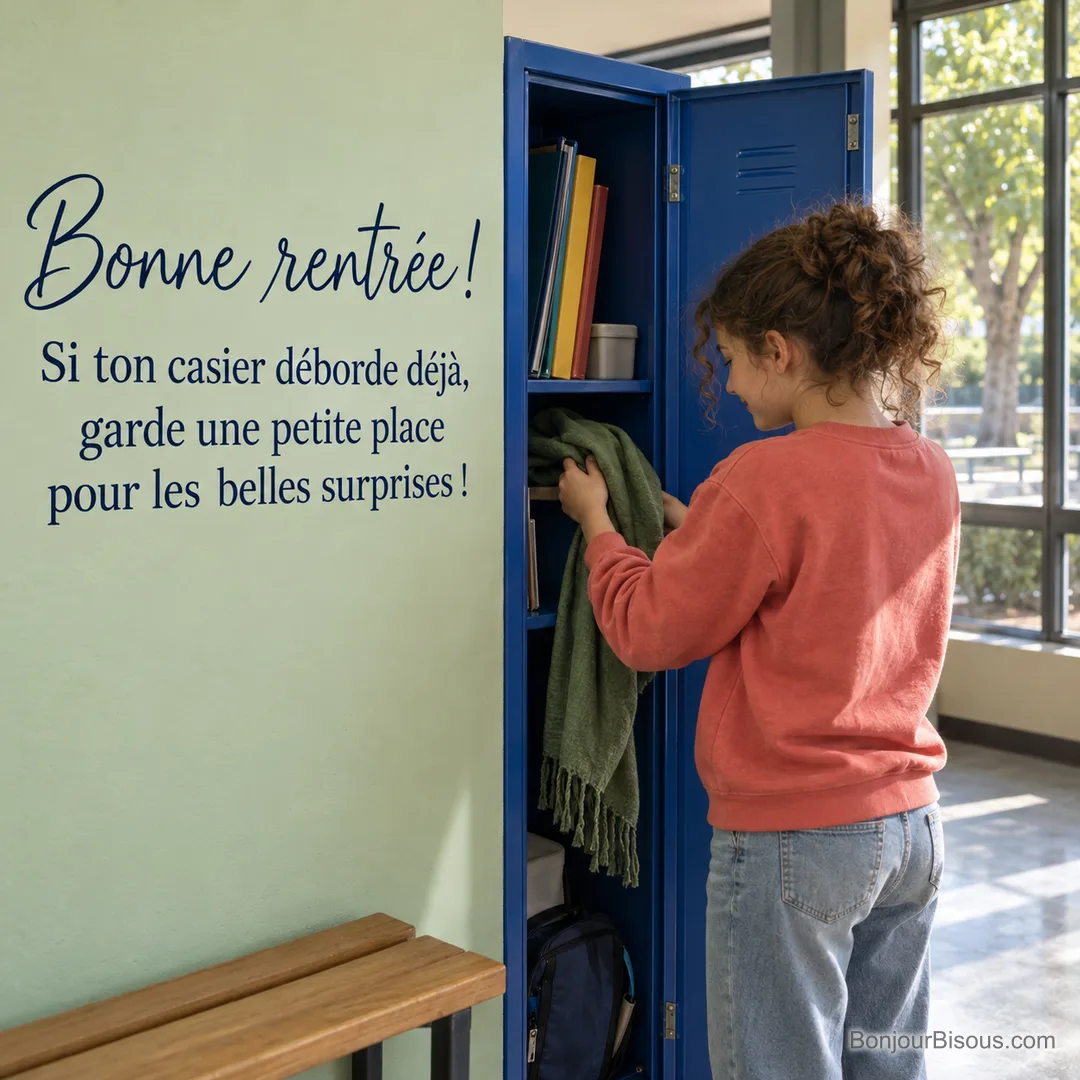 Une collégienne range une écharpe verte dans son casier bleu déjà bien rempli. L’image porte le texte « Bonne rentrée ! Si ton casier déborde déjà, garde une petite place pour les belles surprises ! ». Une collégienne range une écharpe verte dans son casier bleu déjà bien rempli. L’image porte le texte « Bonne rentrée ! Si ton casier déborde déjà, garde une petite place pour les belles surprises ! ».