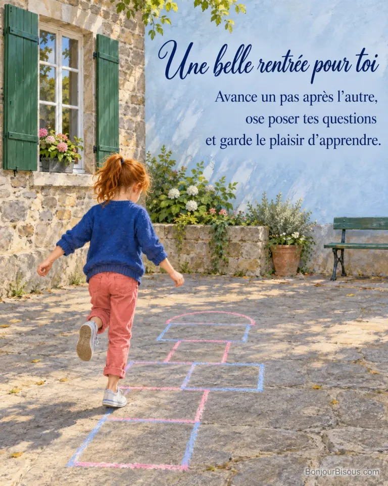 Une fillette joue à la marelle dans la cour d’une école bretonne. L’image porte le texte « Une belle rentrée pour toi Avance un pas après l’autre, ose poser tes questions et garde le plaisir d’apprendre. ».