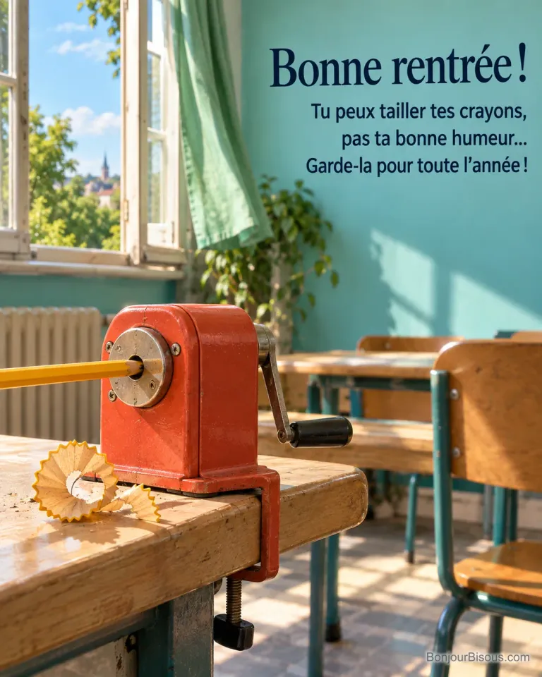 Un taille-crayon à manivelle rouge et un copeau en spirale occupent un bureau de classe. L’image porte le texte « Bonne rentrée ! Tu peux tailler tes crayons, pas ta bonne humeur… Garde-la pour toute l’année ! ».