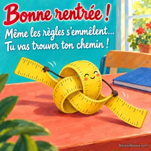 Une règle jaune souriante s’est nouée au milieu et tente de se défaire, avec le texte « Bonne rentrée ! Même les règles s’emmêlent… Tu vas trouver ton chemin ! ».