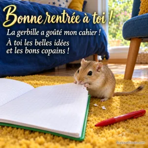 Une gerbille sable grignote le coin d’un cahier quadrillé vert sur un tapis près d’une chaise bleue, avec le message « Bonne rentrée à toi ! La gerbille a goûté mon cahier ! À toi les belles idées et les bons copains ! ».