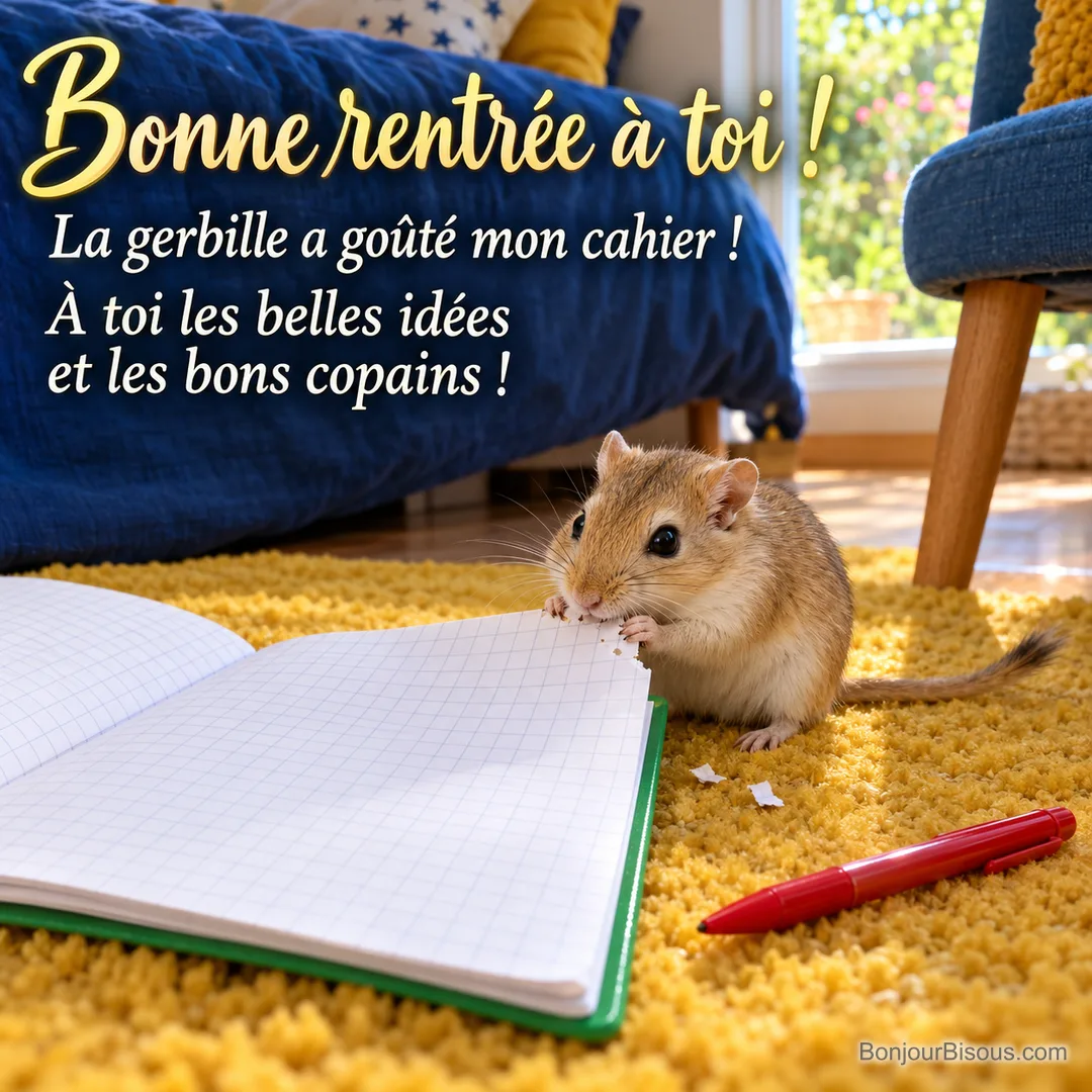 Une gerbille sable grignote le coin d’un cahier quadrillé vert sur un tapis près d’une chaise bleue, avec le message « Bonne rentrée à toi ! La gerbille a goûté mon cahier ! À toi les belles idées et les bons copains ! ». Une gerbille sable grignote le coin d’un cahier quadrillé vert sur un tapis près d’une chaise bleue, avec le message « Bonne rentrée à toi ! La gerbille a goûté mon cahier ! À toi les belles idées et les bons copains ! ».