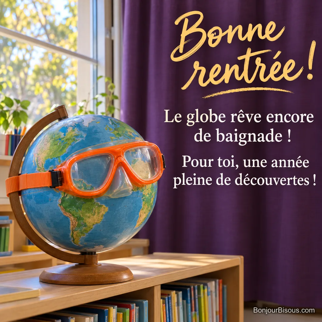 Un globe terrestre porte un grand masque de plongée orange dans une salle de classe lumineuse, avec le message « Bonne rentrée ! Le globe rêve encore de baignade ! Pour toi, une année pleine de découvertes ! ». Un globe terrestre porte un grand masque de plongée orange dans une salle de classe lumineuse, avec le message « Bonne rentrée ! Le globe rêve encore de baignade ! Pour toi, une année pleine de découvertes ! ».