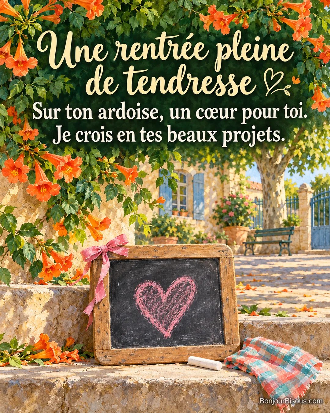 Une petite ardoise ancienne restaurée porte un cœur rose à la craie près d’un chiffon à carreaux et d’une craie blanche, avec le message « Une rentrée pleine de tendresse Sur ton ardoise, un cœur pour toi. Je crois en tes beaux projets. ». Une petite ardoise ancienne restaurée porte un cœur rose à la craie près d’un chiffon à carreaux et d’une craie blanche, avec le message « Une rentrée pleine de tendresse Sur ton ardoise, un cœur pour toi. Je crois en tes beaux projets. ».