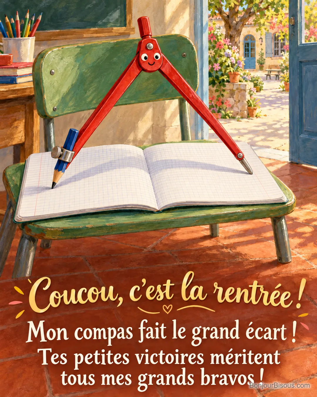 Un compas rouge ouvre ses deux branches en grand écart sur un cahier quadrillé vierge, avec le message « Coucou, c’est la rentrée ! Mon compas fait le grand écart ! Tes petites victoires méritent tous mes grands bravos ! ». Un compas rouge ouvre ses deux branches en grand écart sur un cahier quadrillé vierge, avec le message « Coucou, c’est la rentrée ! Mon compas fait le grand écart ! Tes petites victoires méritent tous mes grands bravos ! ».