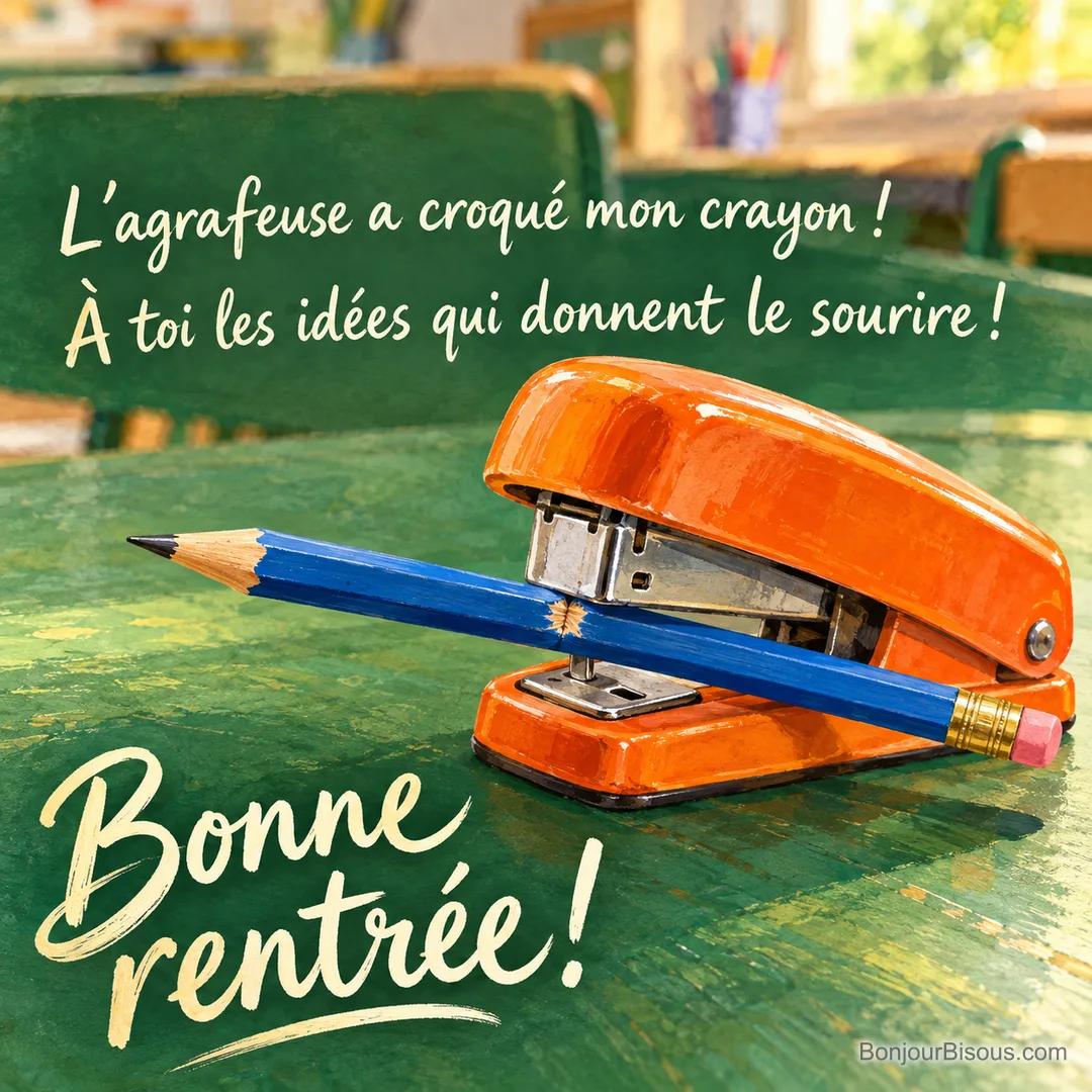 Une agrafeuse orange ouverte semble croquer un crayon bleu sur un bureau de classe vert, avec le message « Bonne rentrée ! L’agrafeuse a croqué mon crayon ! À toi les idées qui donnent le sourire ! ». Une agrafeuse orange ouverte semble croquer un crayon bleu sur un bureau de classe vert, avec le message « Bonne rentrée ! L’agrafeuse a croqué mon crayon ! À toi les idées qui donnent le sourire ! ».