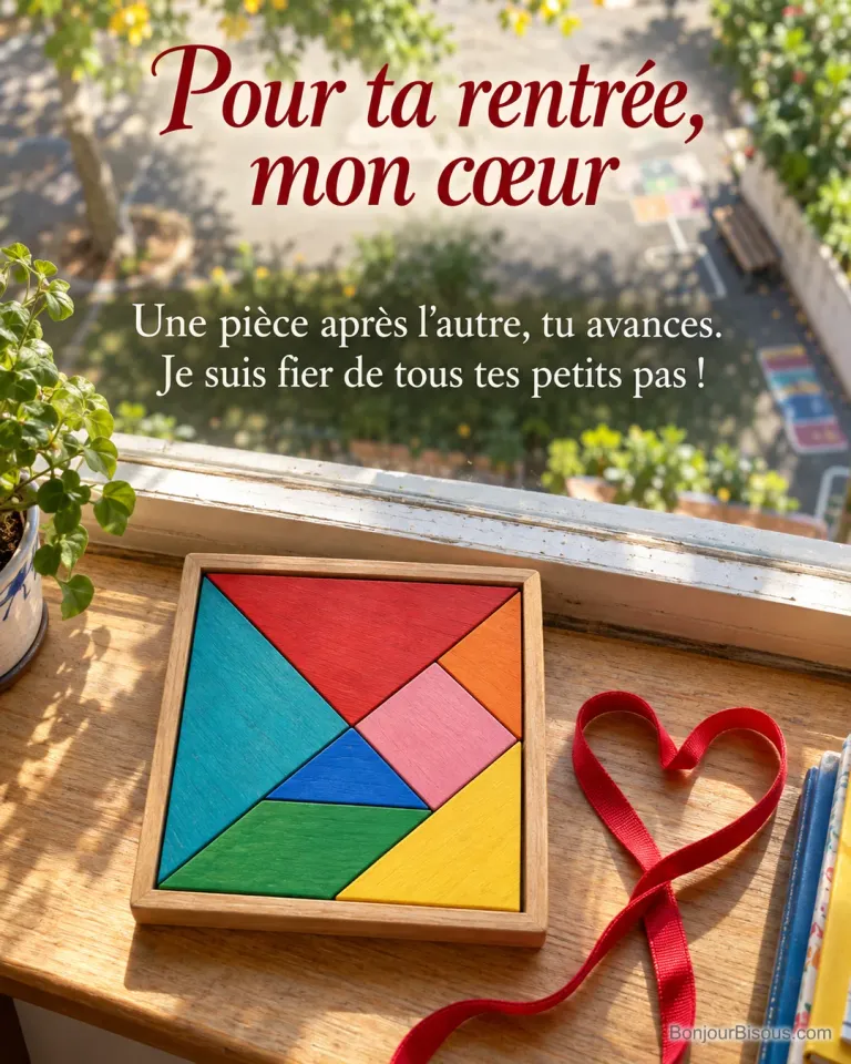 Un tangram de sept pi ?ces color ?es assembl ?es en carr ? accompagne un ruban rouge en forme de c ?ur pr ?s d ?une fen ?tre de classe, avec le message ? Pour ta rentrée, mon cœur Une pièce après l’autre, tu avances. Je suis fier de tous tes petits pas ! ?.