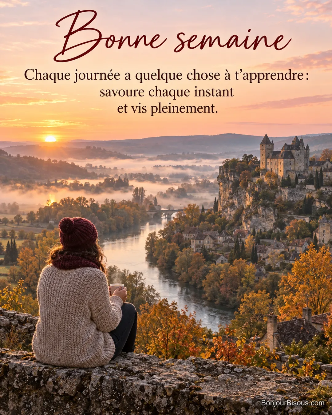 Photo d’une femme en bonnet vue de dos assise sur un muret avec une tasse, face à une vallée brumeuse avec une rivière et un château au lever du soleil, avec le texte « Bonne semaine – Chaque journée a quelque chose à t’apprendre : savoure chaque instant et vis pleinement. »
