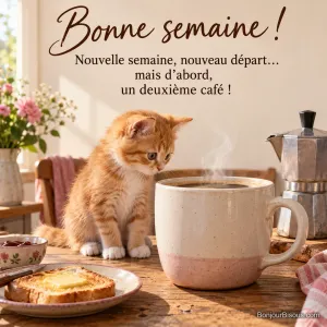Photo d’un chaton roux assis à côté d’une très grande tasse de café fumante, avec une cafetière italienne et une tartine sur une table en bois, avec le texte « Bonne semaine ! Nouvelle semaine, nouveau départ… mais d’abord, un deuxième café ! »