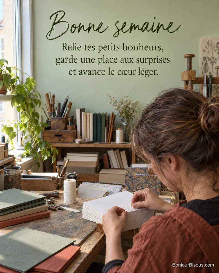 Une relieuse assemble les pages d’un livre dans son atelier lyonnais, avec le texte « Bonne semaine Relie tes petits bonheurs, garde une place aux surprises et avance le cœur léger. ».