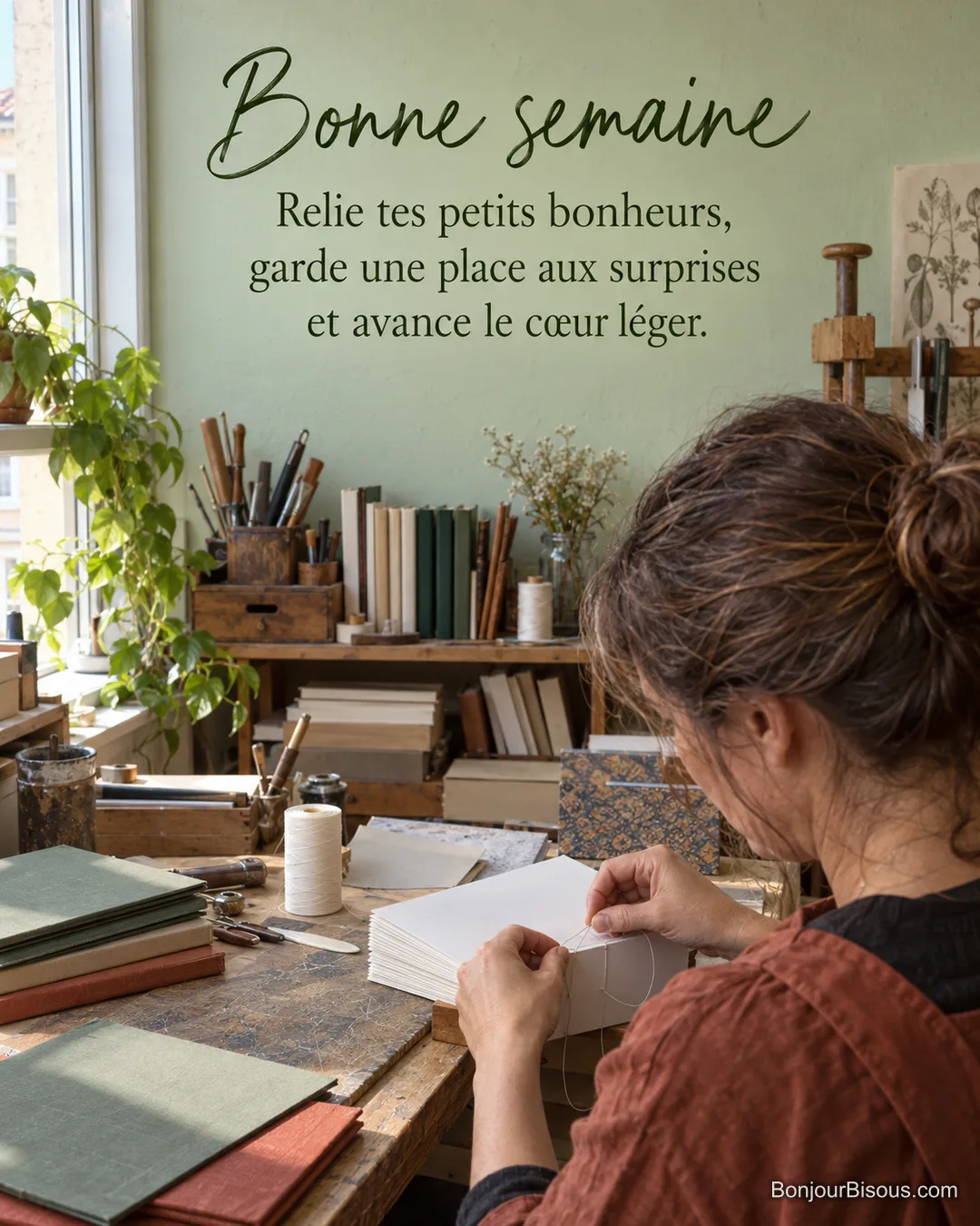 Une relieuse assemble les pages d’un livre dans son atelier lyonnais, avec le texte « Bonne semaine Relie tes petits bonheurs, garde une place aux surprises et avance le cœur léger. ». Une relieuse assemble les pages d’un livre dans son atelier lyonnais, avec le texte « Bonne semaine Relie tes petits bonheurs, garde une place aux surprises et avance le cœur léger. ».